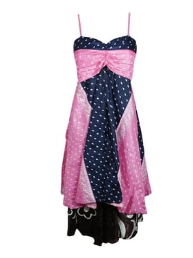 Mogul Women Vintage Recycled Sari Printed Sundress Blue Pink Layered Spaghetti Strap Beach Summer Dresses S/M
