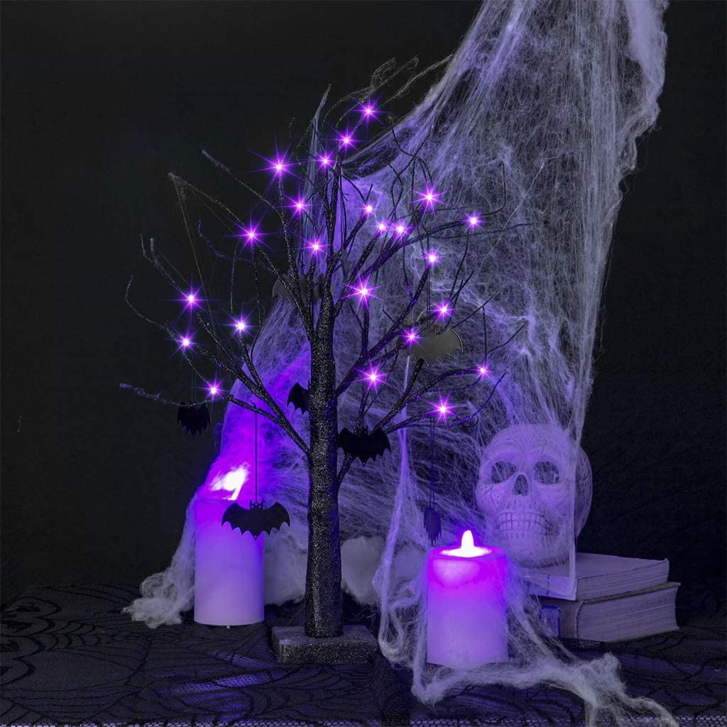 Led Bat Tree Topper Party Supplies 2FT 24LED Black Spooky Tree Glittered with Purple Lights ...