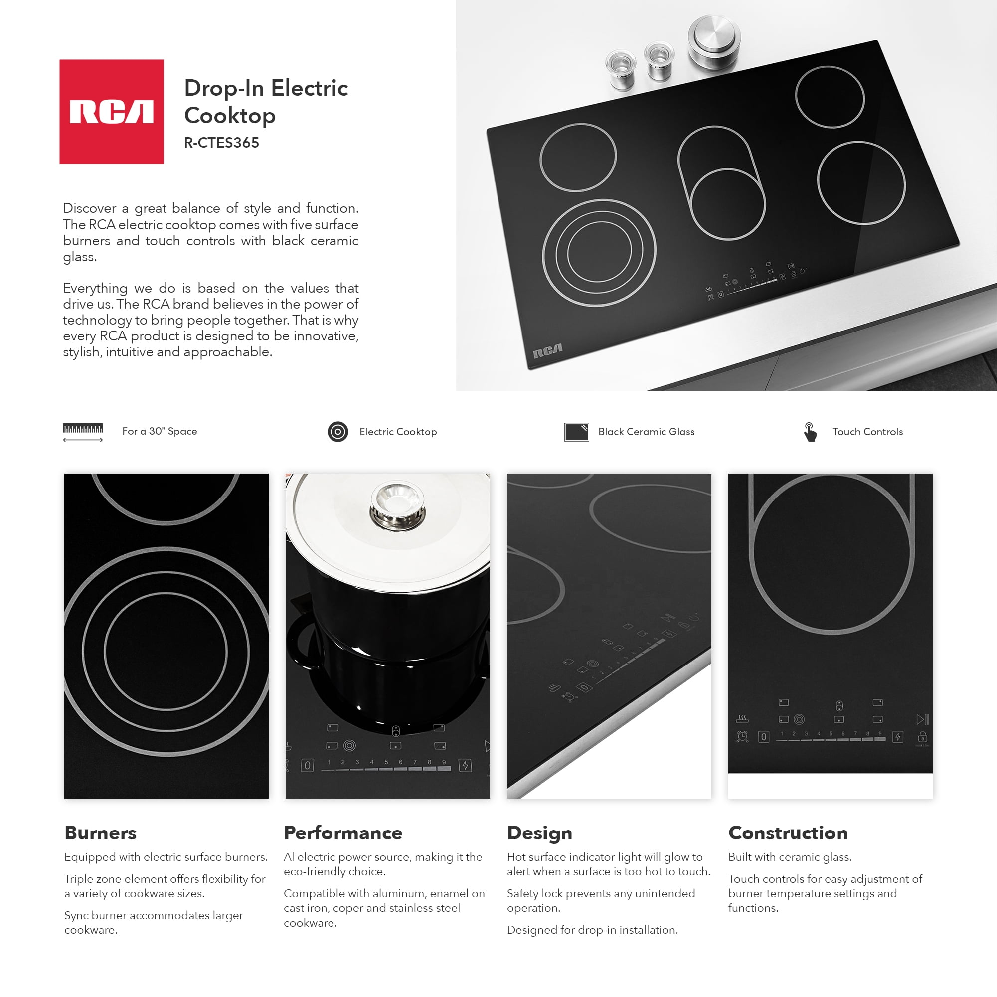 RCA 36 in. Sterling Collection Drop-In Electric Ceramic Glass Cooktop, 5 Burners, Triple Zone Element, Sync Burner, Black