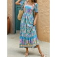 thumbnail image 5 of Women'S 2025 Summer Short Sleeves Boho Floral Print Tiered Casual Flowy Long Maxi Dress Blue S, 5 of 9