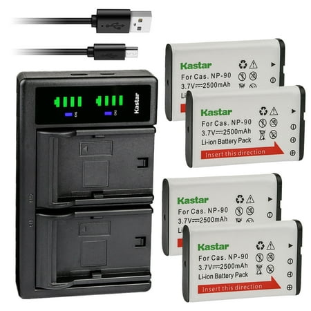 Image of Kastar 4-Pack CNP-90 Battery and LTD2 USB Charger Replacement for Casio NP-90 NP-90DBA Battery Casio BC-90L Charger Casio Exilim EX-FH100 Exilim EX-FH100BK Exilim EX-H10 Exilim EX-H15 Camera