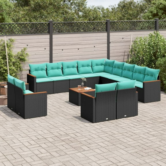 vidaXL 14 Piece Patio Sofa Set with Cushions Black Poly Rattan
