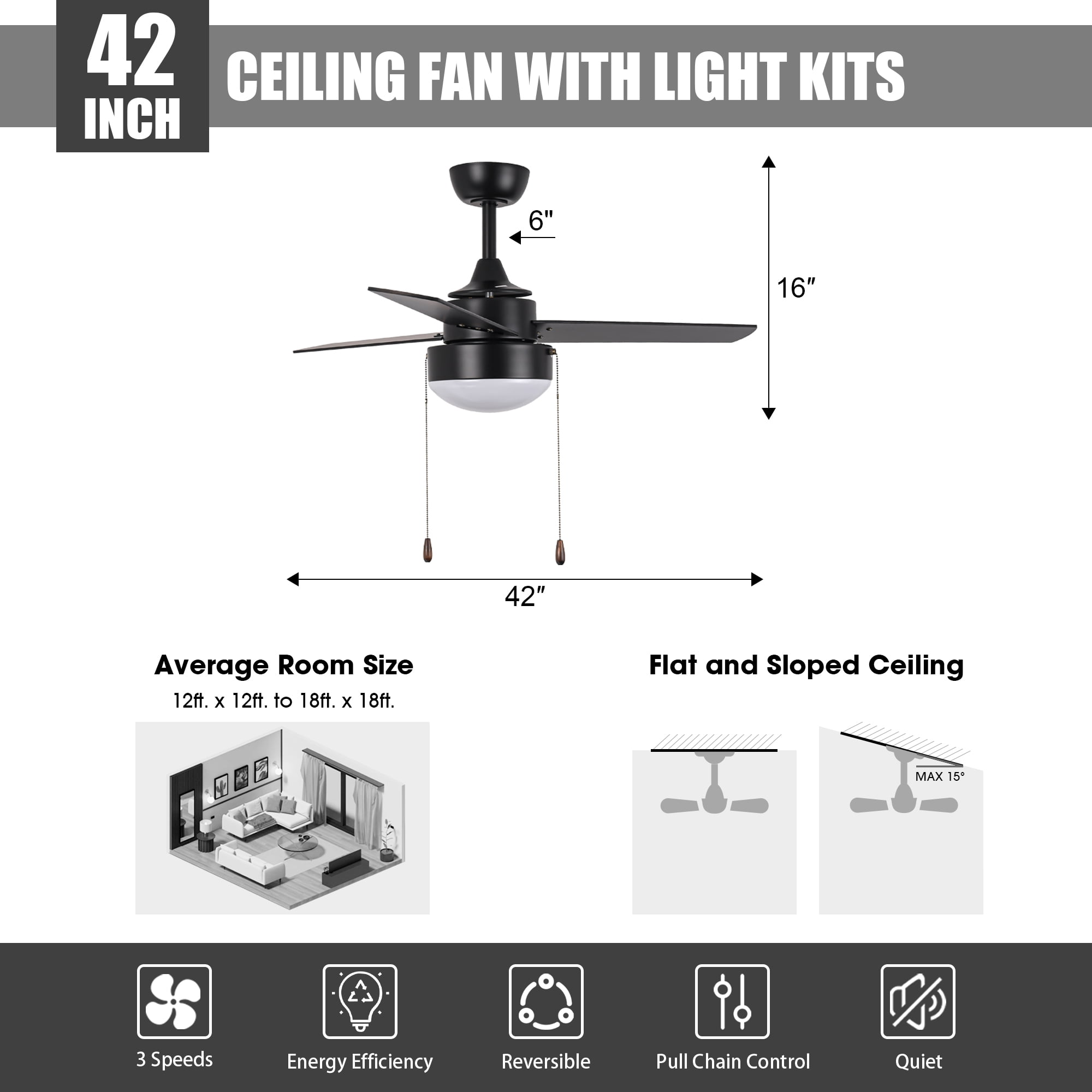 Vaczon  42" Modern Black 3-Blade Ceiling Fan with Light  and Pull Chain