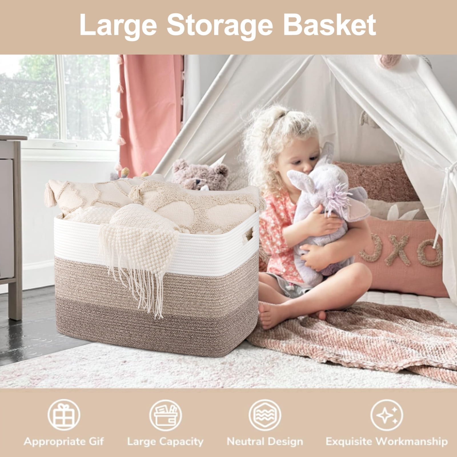 CHERISHGARD 110L Large Rectangle Storage Basket，Woven Basket For Laundry, Nursery, Bedroom，25.2"L x 17.32"W x 15.75"H