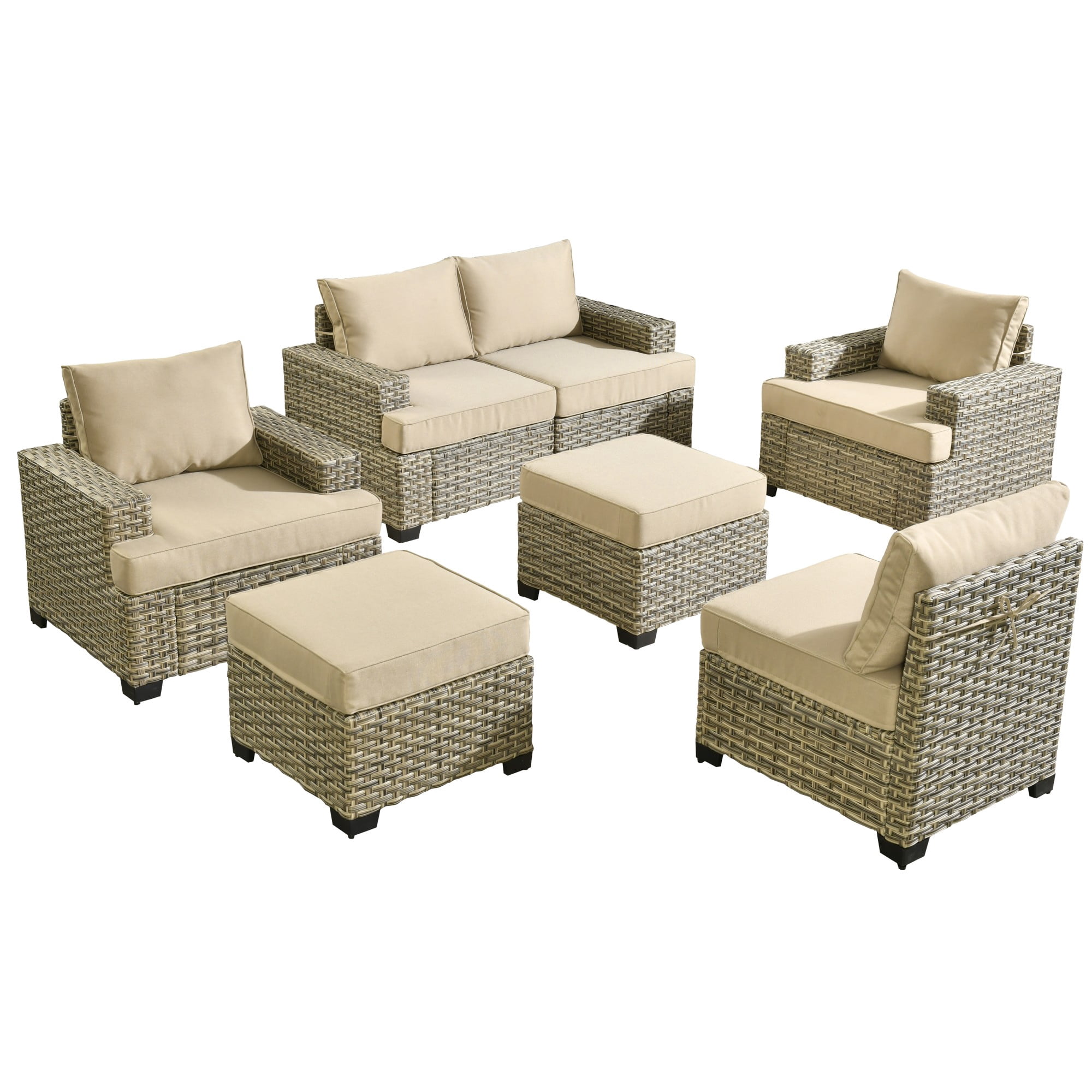 XIZZI Outdoor Patio Furniture Sets, 7 Pieces Outdoor Sectional wicker patio furniture with Cushion Ottoman, All-Weather Waterproof Outdoor Conversation set for Porch, Beige