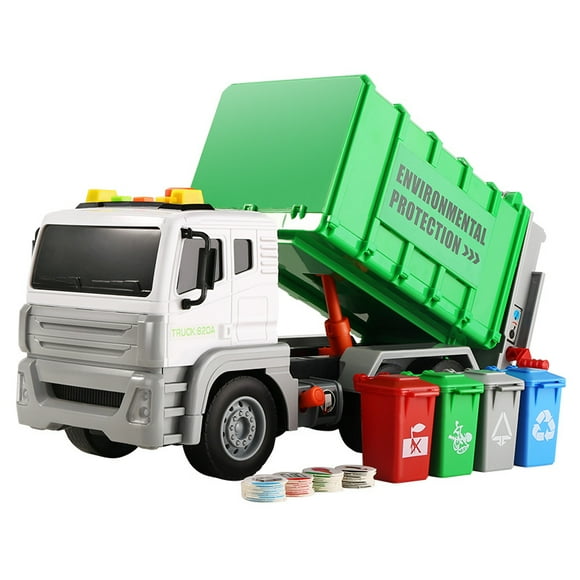 TFixol 12.5" Garbage Truck Toy with Lights and Sounds, Friction-Powered Waste Rubbish Lorry Truck Recycling Truck Toy Vehicle Set with 3 Bins, Back Bump Function, Educational Gifts for Kids(1:12)