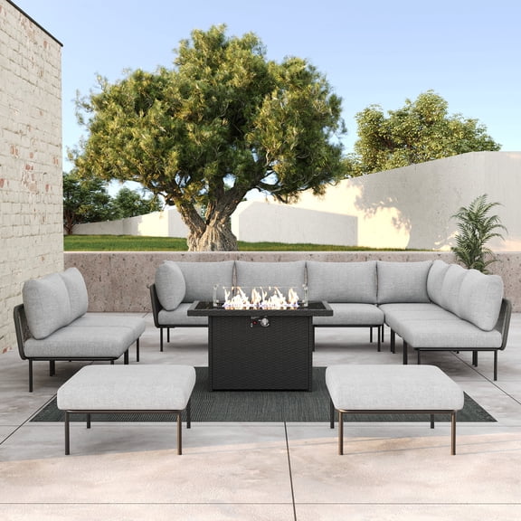 LayinSun 11 Pieces Aluminum Patio Furniture Set, Modern Modular Sectional Sofa with Fire Pit Table and Upgrade Thickness Cushion