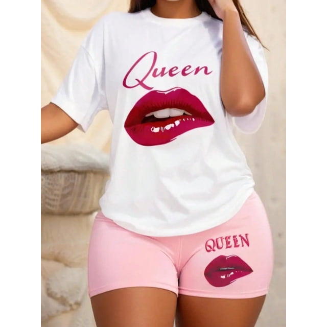 Red lip Queen round-neck short-sleeved T-shirt for women, soft and comfortable short-sleeved