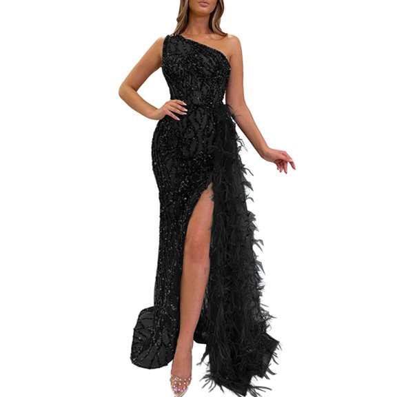 Quixlent Women Evening Dress One Shoulder Sleeveless Shiny Sequin Padded Feather Decor High Split Solid Color Slim Fit Tight High Waist Floor Length Prom Party Banquet Lady Gown Maxi Dress