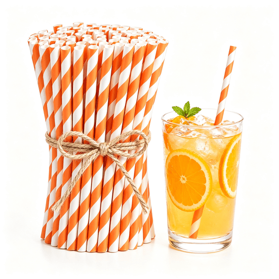 ACDANC 100 Orange and White Striped Paper Straws,Disposable Spritz Straws Compatible with Spritz Glasses,Biodegradable Cocktail Straws for Lemonade,Halloween,Fall Party Decorations