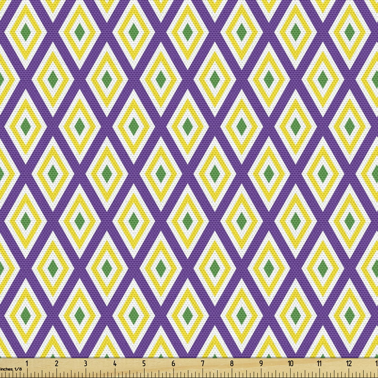 Mardi Gras Fabric by the Yard Upholstery, Classical Diamond Line Rhombus  Pattern in Traditional Carnival Colors, Decorative Fabric for DIY and Home