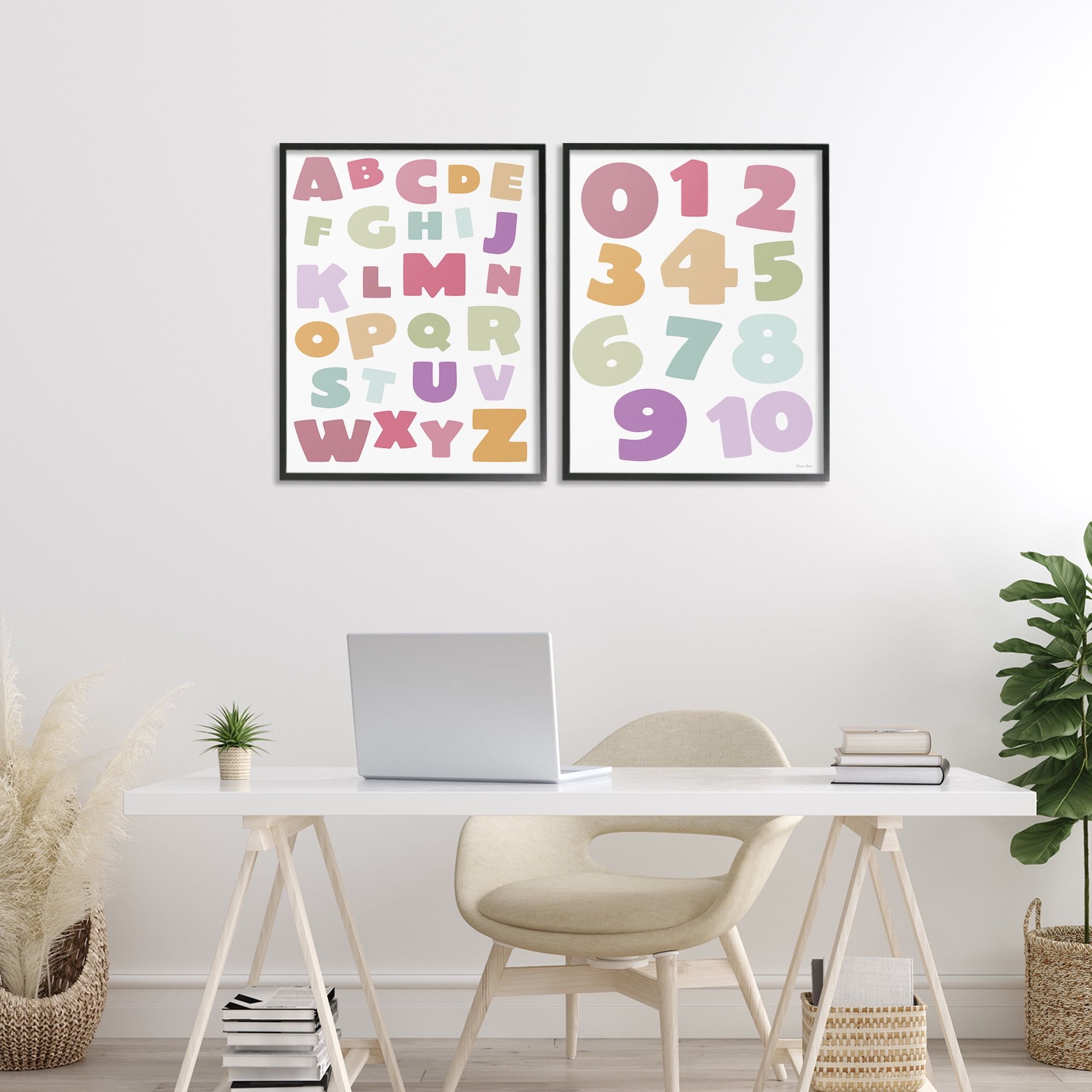 Stupell Industries Muted Letters & Numbers Educational 2 Piece Black Framed Giclee Art Set, design by Susan Ball