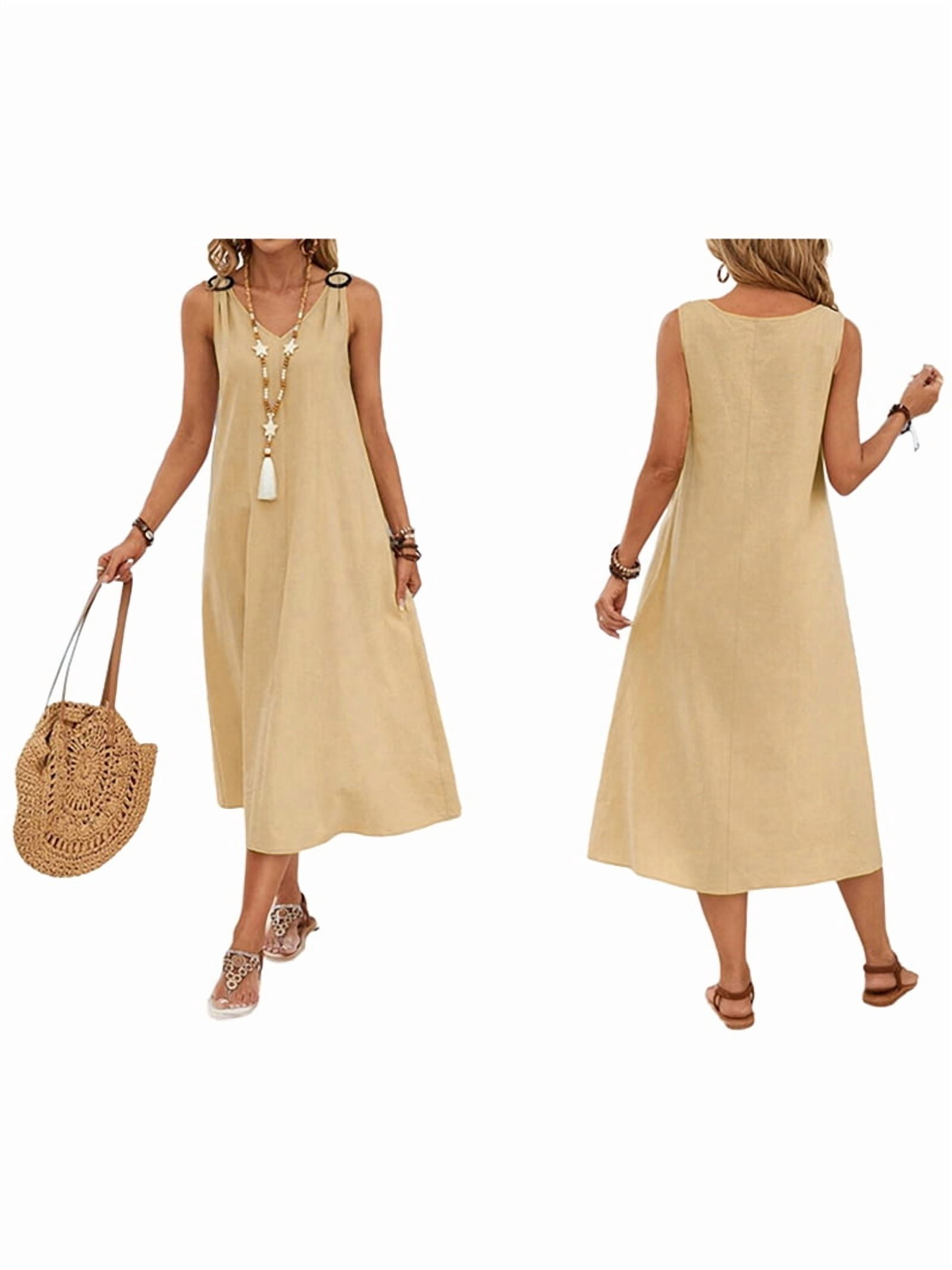 Dresses for Women Spring Summer Sleeveless V Neck Cotton Beach Casual Dress Khaki L