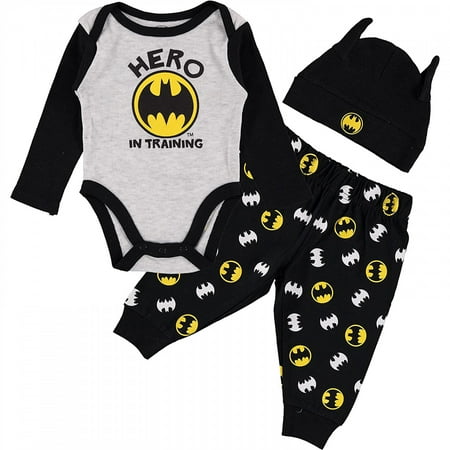 UPC: 0191159268455 | Batman Hero In Training 3-Piece Infant Bodysuit Pant and Hat Set-3-6 Months