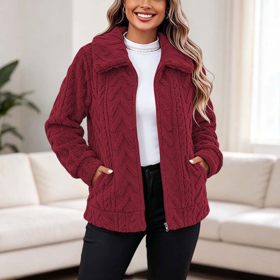 thefmos Women's Fall Winter Plus Size Fleece Collared Long Sleeve Shacket Casual Jackets Solid Comfy Outwear Tops Coats Warm Basic Streetwear, Red 3XL