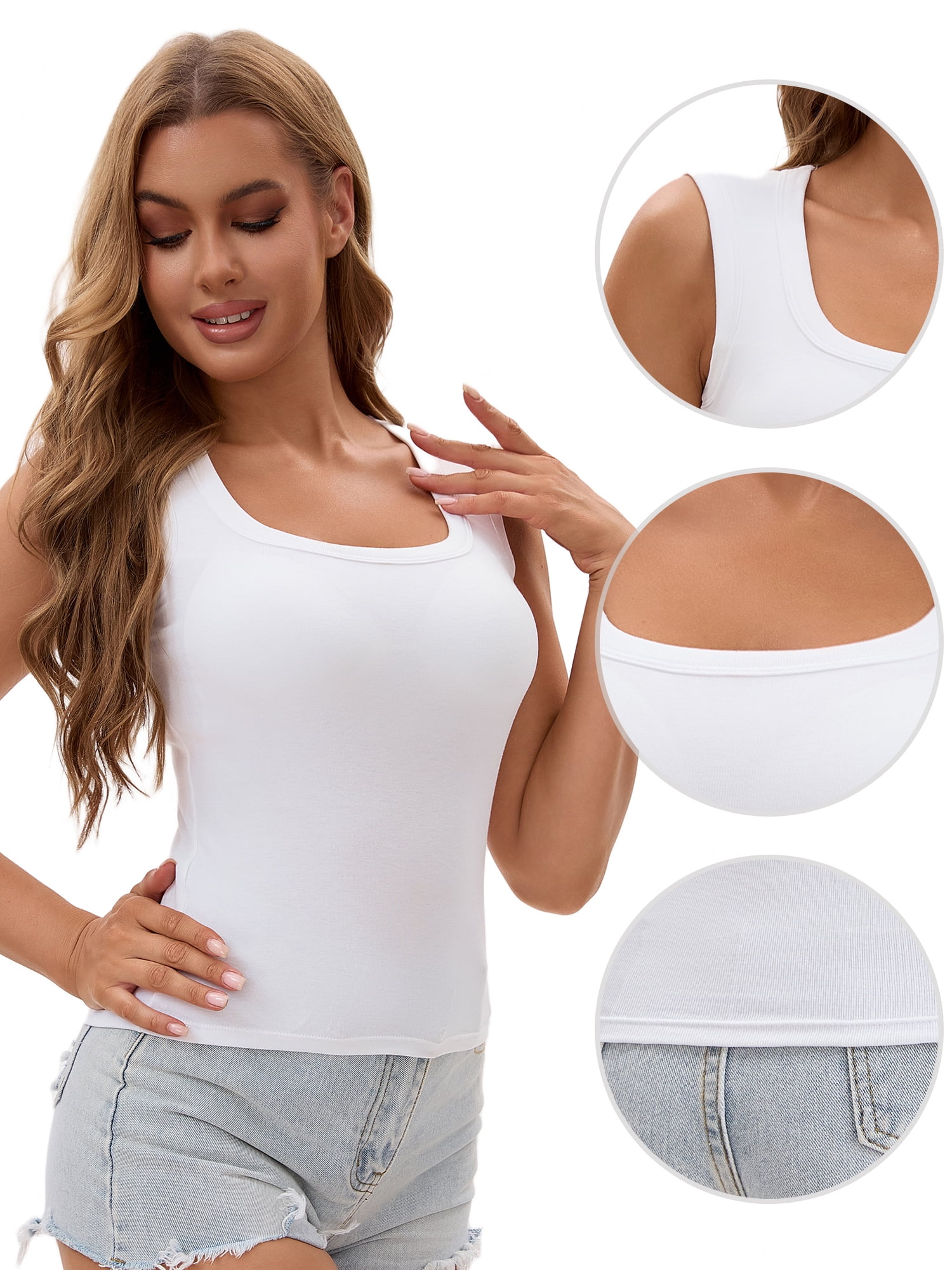 Unique Bargains Women's U Neck Tank with Built-In Bras S White