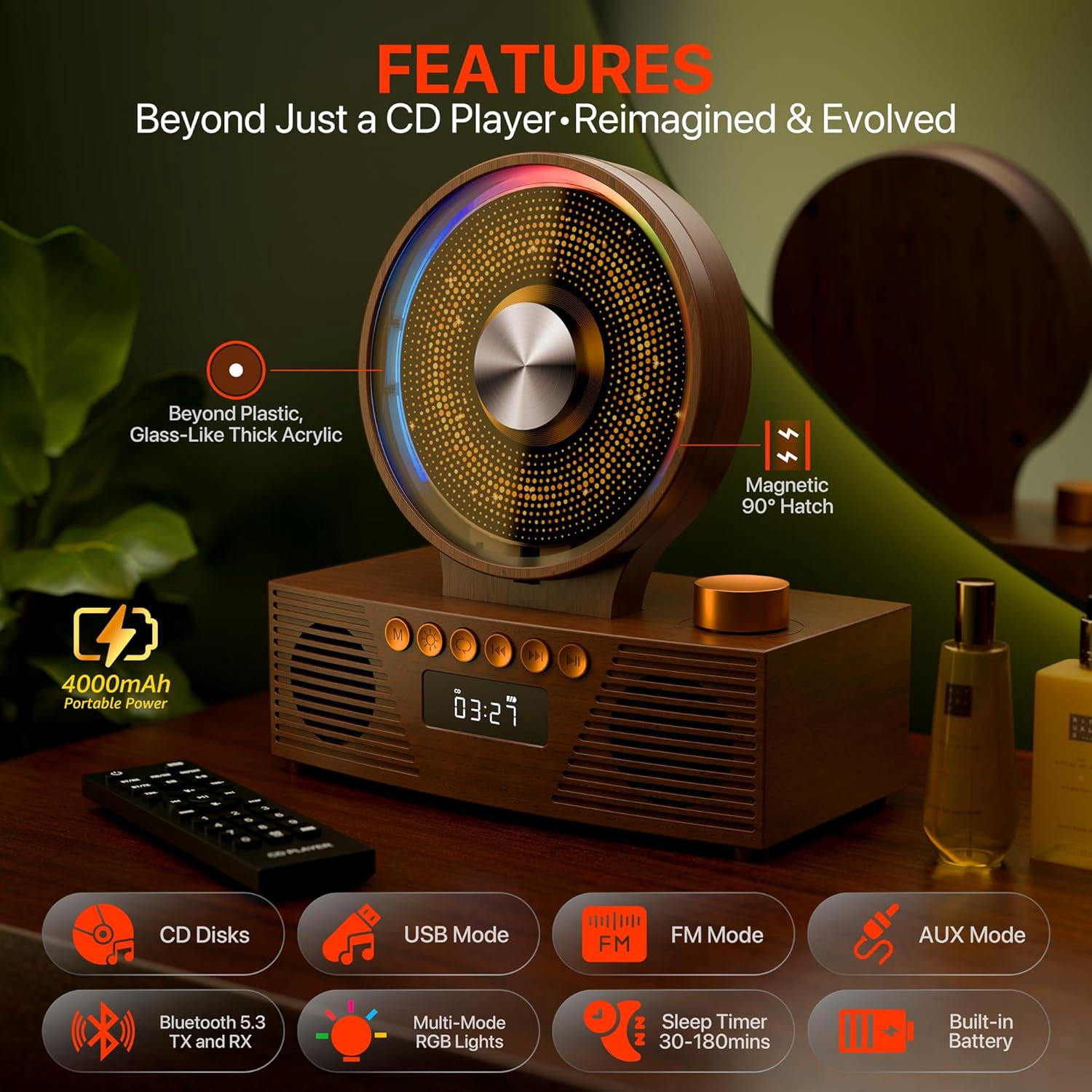 Retro Portable CD Player for Home Decor, CD Player with Speakers, Bluetooth/Battery/Remote, Desktop Vintage CD Players for Kids to Seniors, Combo with Radio/USB Driver/Stereo Sound/AUX/Timer