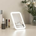thumbnail image 1 of czcpp-6.08"*4.21"Travel Makeup Mirror, Rechargeable LED Lighted Makeup Mirror, Portable and Lightweight, 3 Colors Dimmable Touch Screen Tabletop LED Make up Mirror, for Women Gift, White, 1 of 4