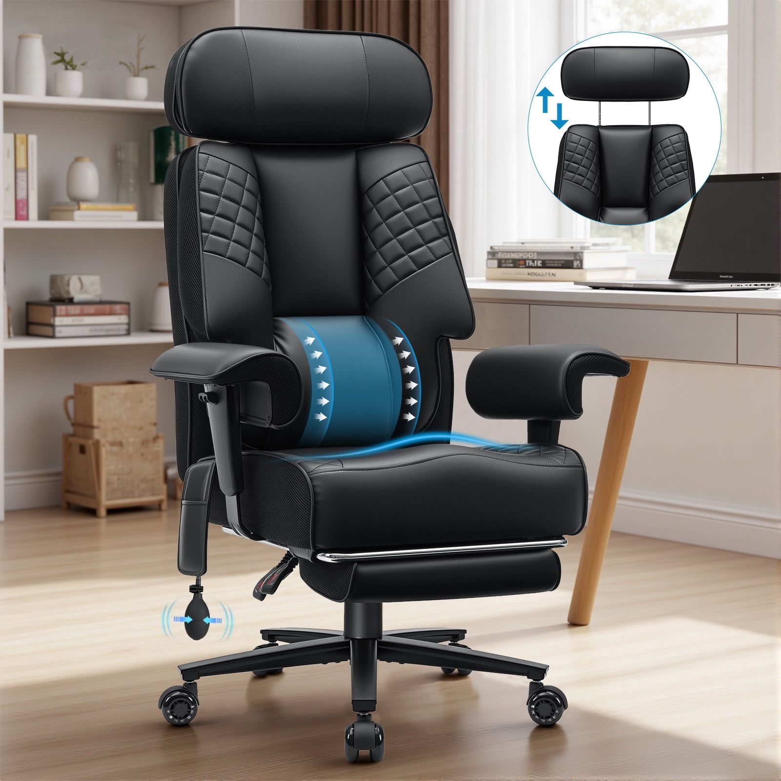 Hoffree Big and Tall Office Chair 500lbs, Reclining Ergonomic Desk Chair with Adjustable Lumbar Support, Arms and Headrest, Executive Leather High Back Computer Chair with Footrest for Home, Black