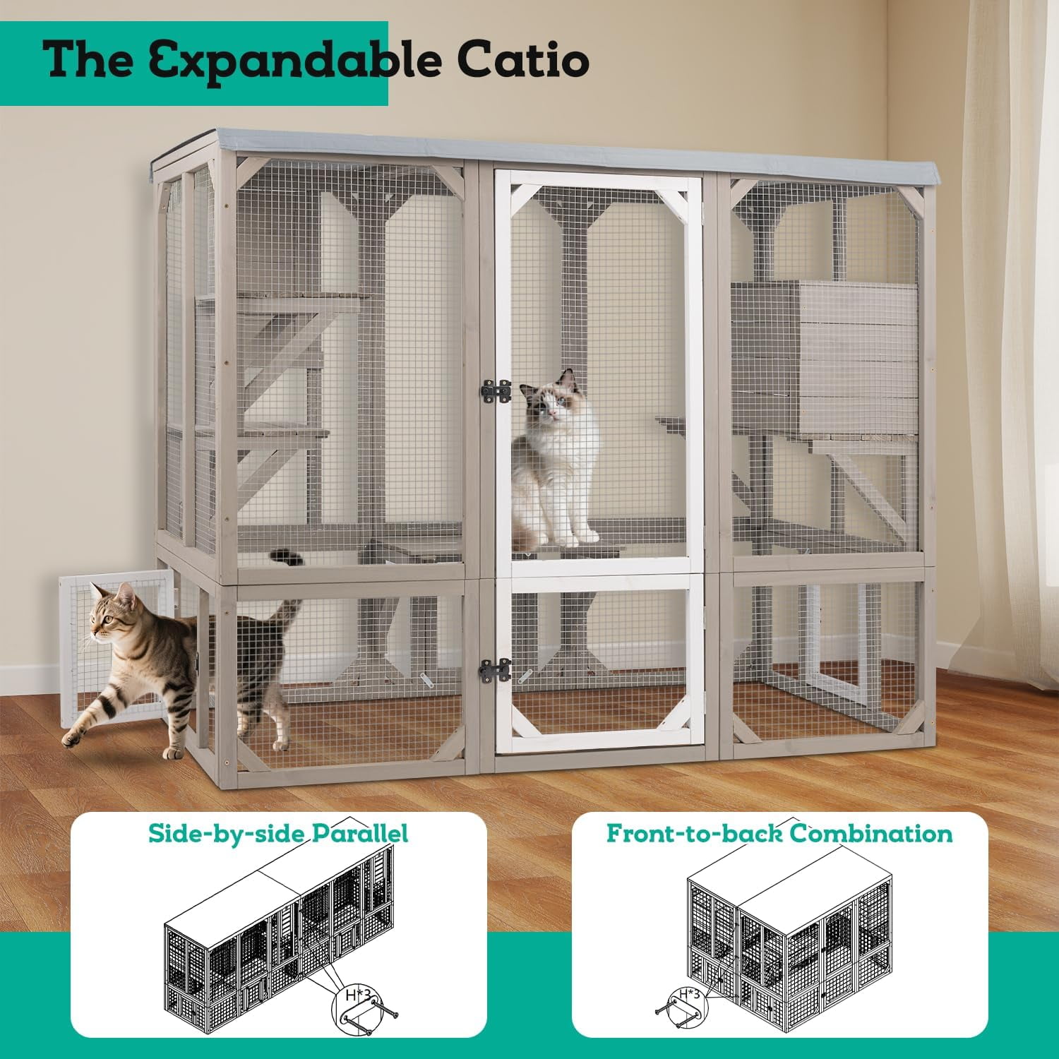 PETSCOSSET Large Catio Outdoor Cat Enclosure Window Access, Wooden Kitty Cage with Resting Room &3Platforms, Attached to Window