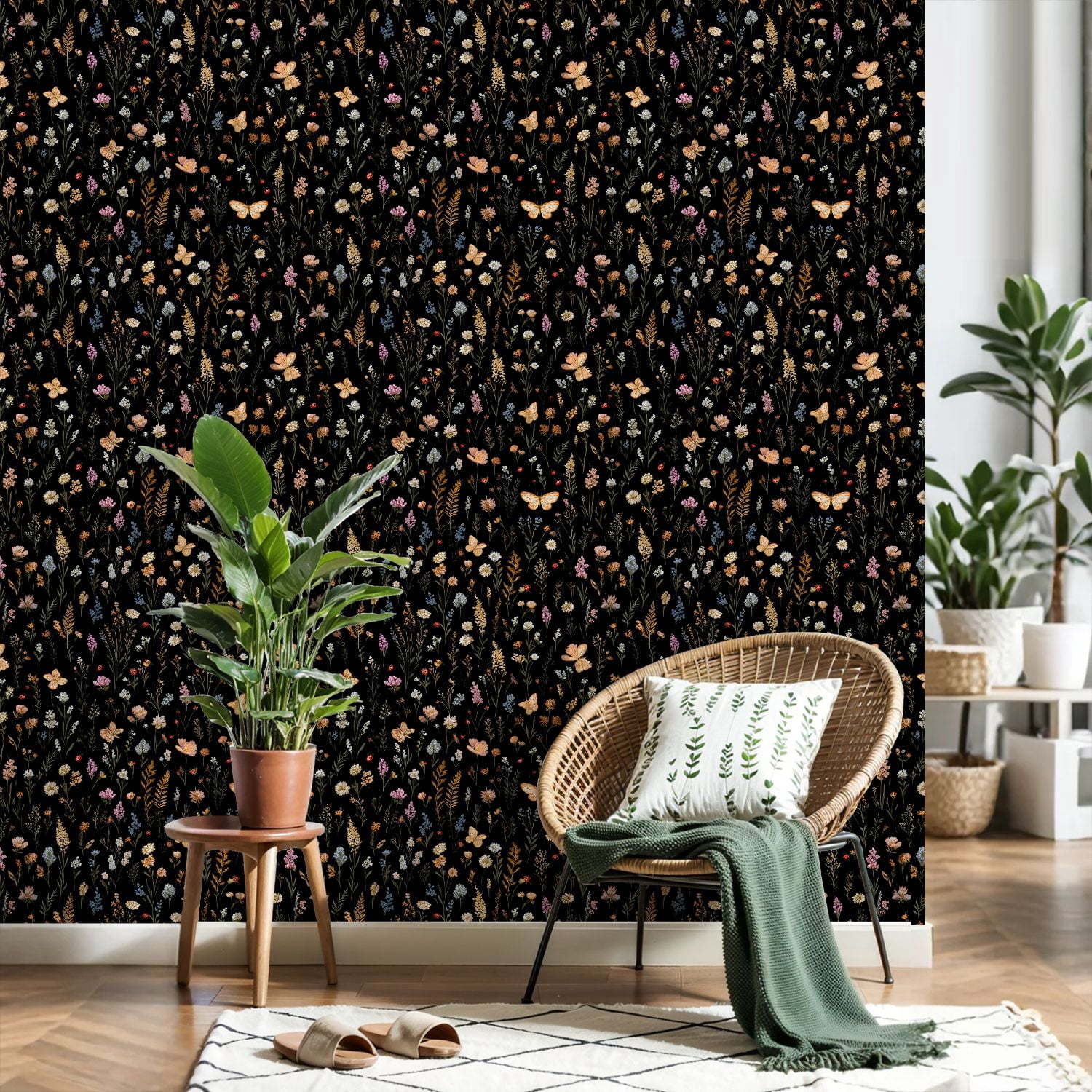 Peel and Stick Wallpaper Floral Wildflower Butterflies Black Vintage Botanical 24in x 118in Contact Paper Removable Self Adhesive Wall Mural Wall Decor for Bedroom Kitchen Cabinets