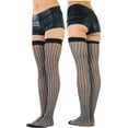 thumbnail image 5 of ToBeInStyle Women's Sheer Thigh High w/ Vertical Fuzzy Pin Stripes Wide Elastic Band Top Reinforced Toe Stockings - Black/White - One Size, 5 of 6