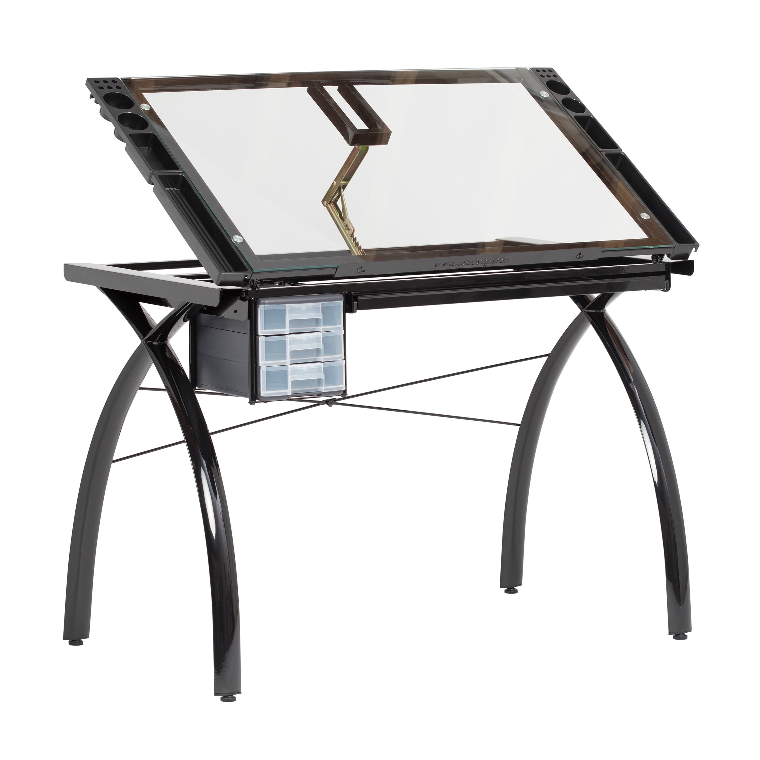 Studio Designs Futura Metal and Glass Drawing/Drafting Table with Adjustable Top and Storage in Black