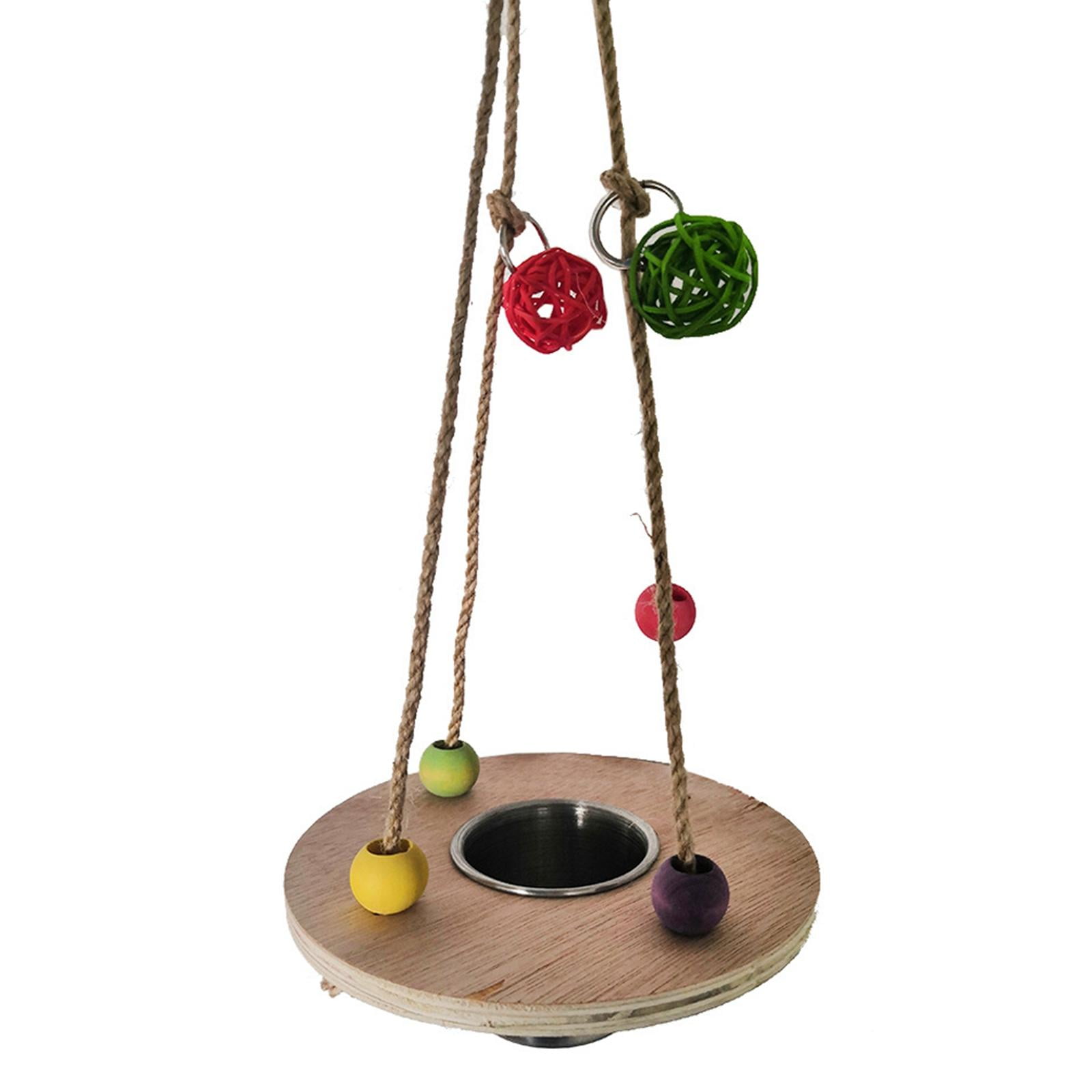 Parrot Swing Stand Toy Feeder with Wooden Platform Watering Food Dish Stainless Braided Ball