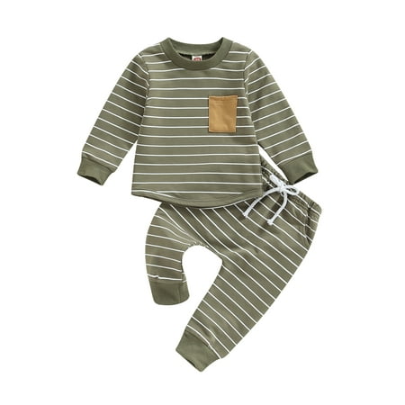 

Genuiskids Baby Boys Pants Set Striped Long Sleeve Crew Neck Sweatshirt with Elastic Waist Sweatpants Fall Outfit