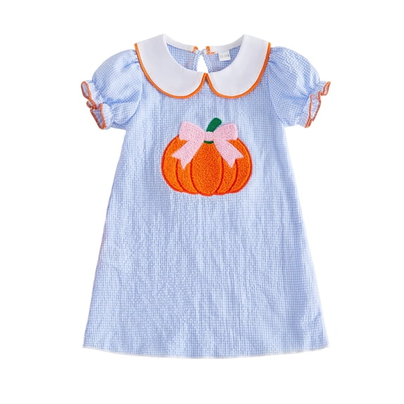 OOOUM Toddler Girl Fall Pumpkin Applique Dress Infant Baby Cute Puff Sleeve Bow Dress Embroidery Peter Pan Collar A-Line Dress 6-12 Months