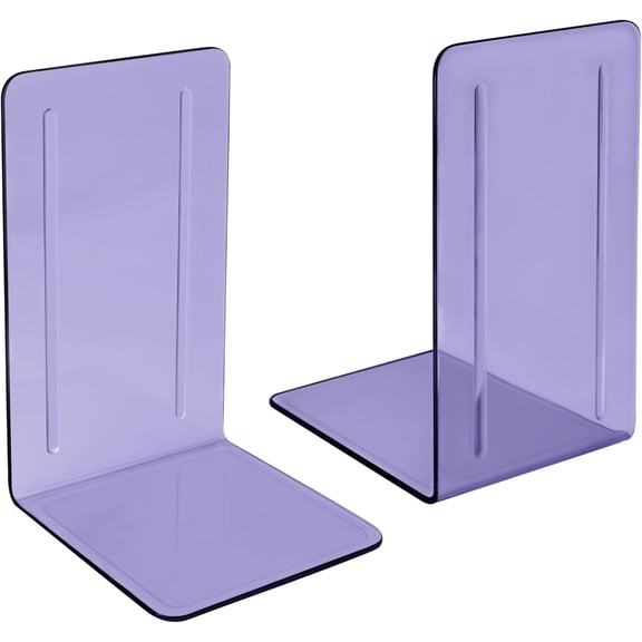 Acrimet Clear Plastic Bookends, 1 Pair, Purple, Heavy Duty Book Holders for Desk and Shelves