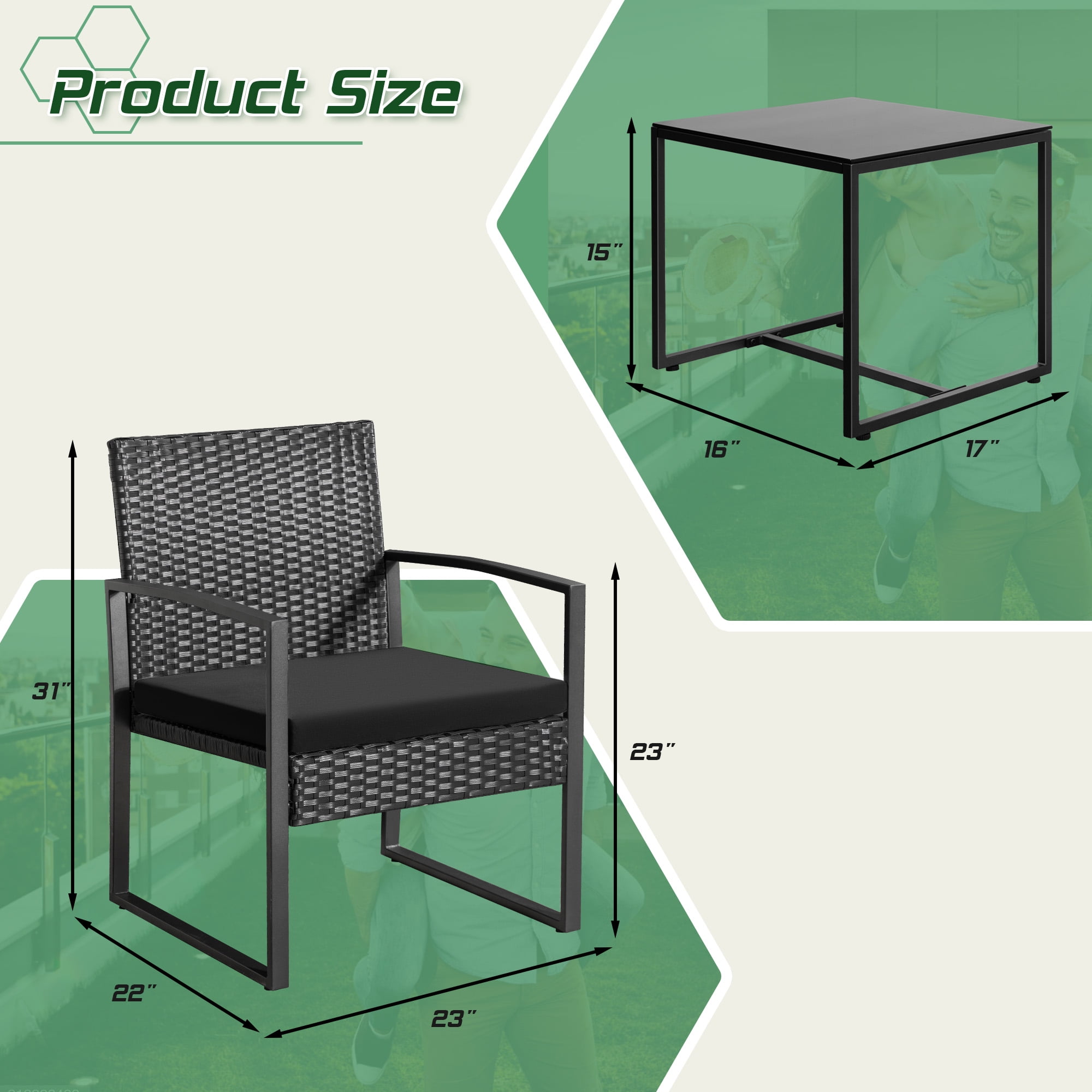 Homall 3-Piece Casual Bistro Set with Wicker Chairs and Coffee Table for Patio Furniture, Black