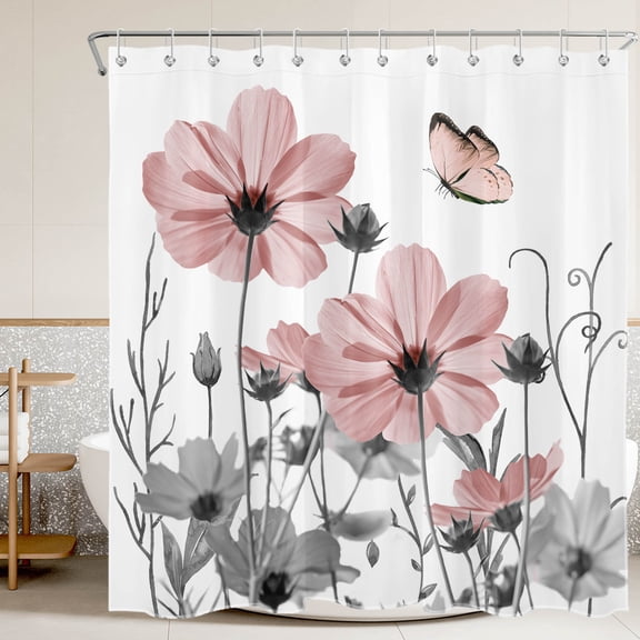 HVEST Vintage Pink Floral Shower Curtain, Pink Butterfly and Watercolor Flower Shower Curtain - Pink and Gray Bathroom Decor, Waterproof Polyester Fabric, Includes 12 Hooks, 72x72 Inches
