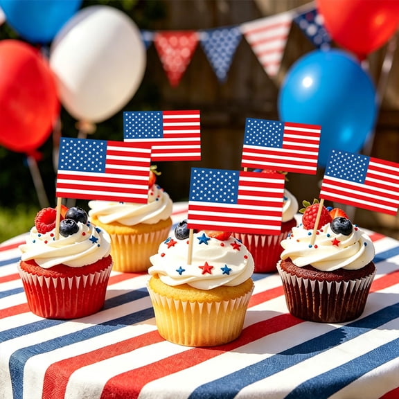 100pcs Independence Day Cake Flags, 4th of July Patriotic Cupcake Toppers, Red White Blue Glitter Paper Party Decorations for Desserts, Sandwiches, and Snacks