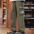 thumbnail image 4 of Fankiway Men's Solid Color Fleece Casual Loose Drawstring Multi-Pocket Work Pants Elastic Cuff Long Trousers Army Green 4XL, 4 of 7
