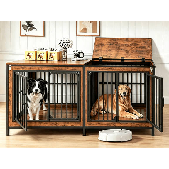HavenlyYouth Dog Crate Furniture for 1 or 2 Dogs,78.74 Inch Heavy Duty Wooden Indoor Double Dog Kennel Used as TV Stand for Small Medium Large Dogs, Brown
