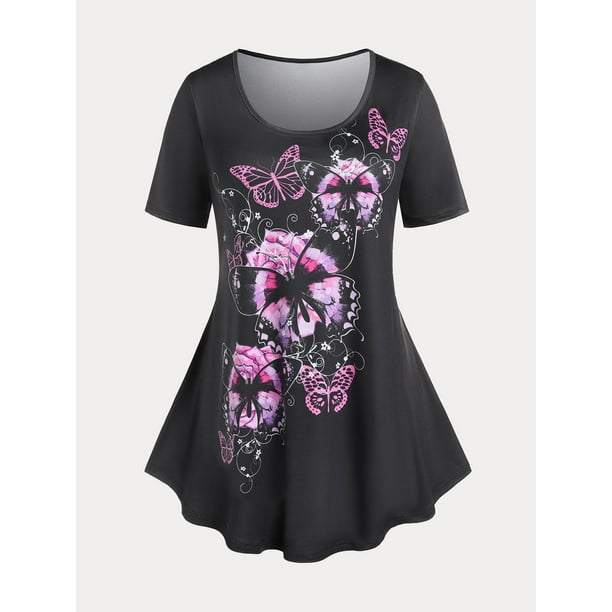 Camiseta de Túnica de Talla Extra de Estampado Floral de Mariposa Rosegal Camisetas tallas grandes
