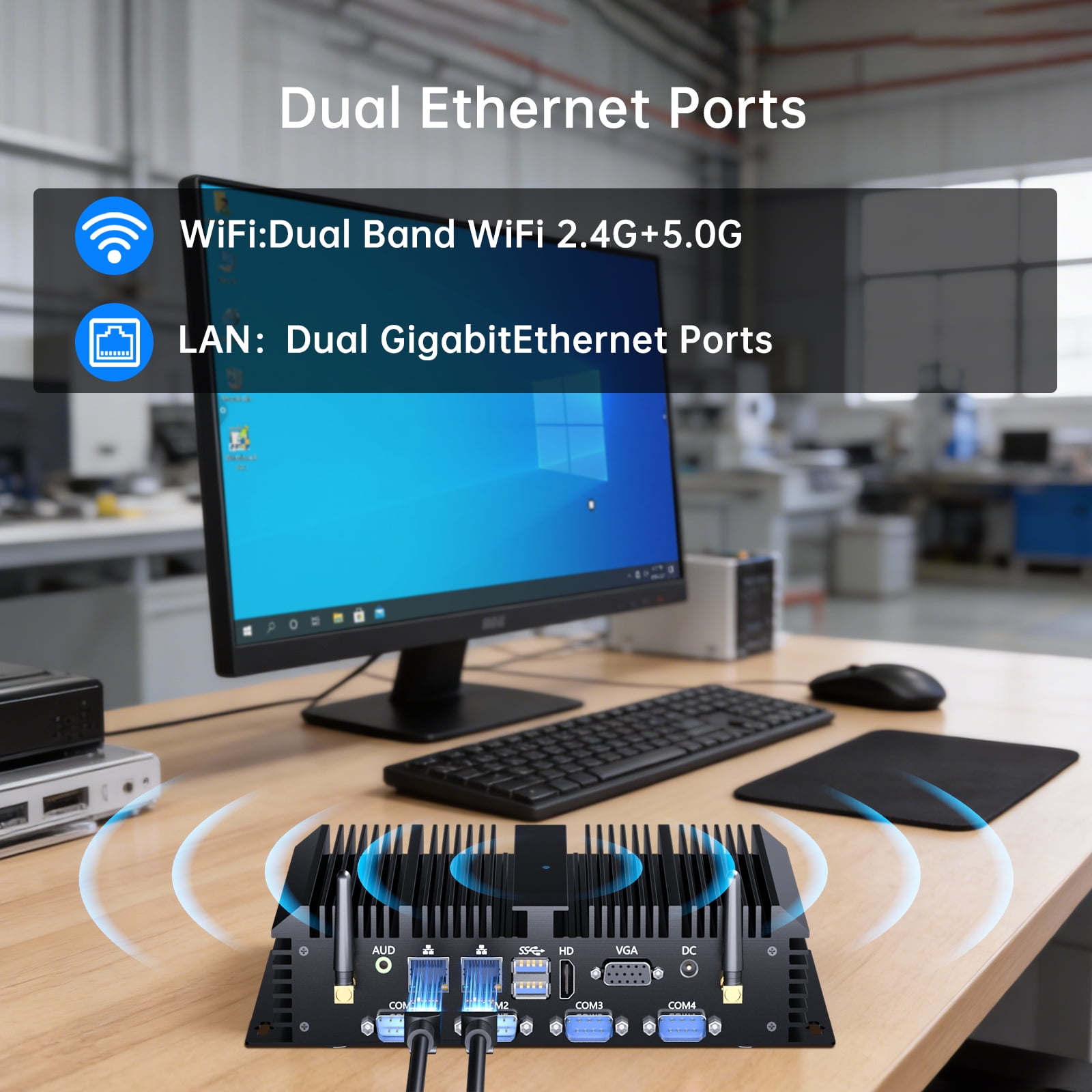 Fanless Mini Industrial PC, Desktop Computer Core i7-5500U Windows 10 Pro, 16GB RAM 256GB SSD, 2xNICs, 2*COM RS232, 4xUSB3.0, Dula-Band WiFi, HDMI/VGA Ports, Gigabit LAN, Auto Power On