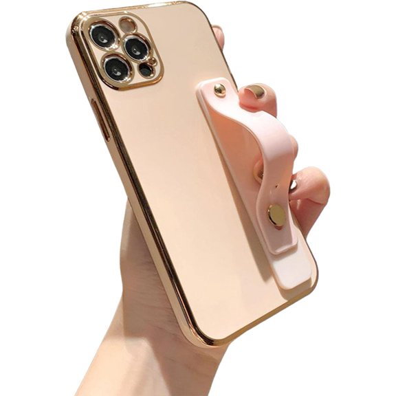 Compatible with iPhone 14 Pro Case Soft TPU Pink Plating with Adjustable Wristband Kickstand Slim Thin Case Anti-Scratch Shockproof Protective Cover for Women Girls