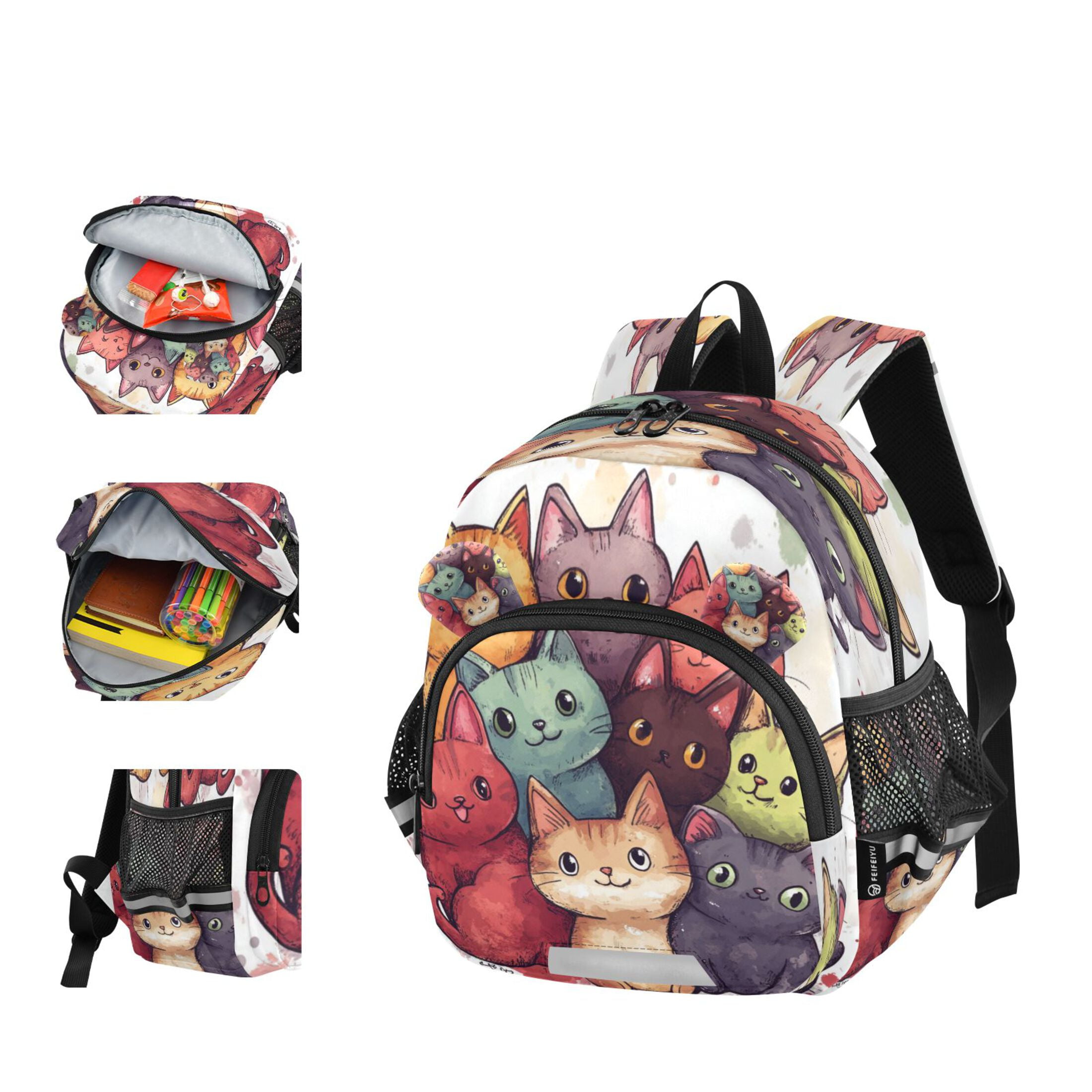 RMDQTR Adorable Ear-Print Backpack with Reflective Strip and Anti-Lost Leash Adjustable Shoulder Straps Mini Travel Backpack Colorful Comic Style Cats