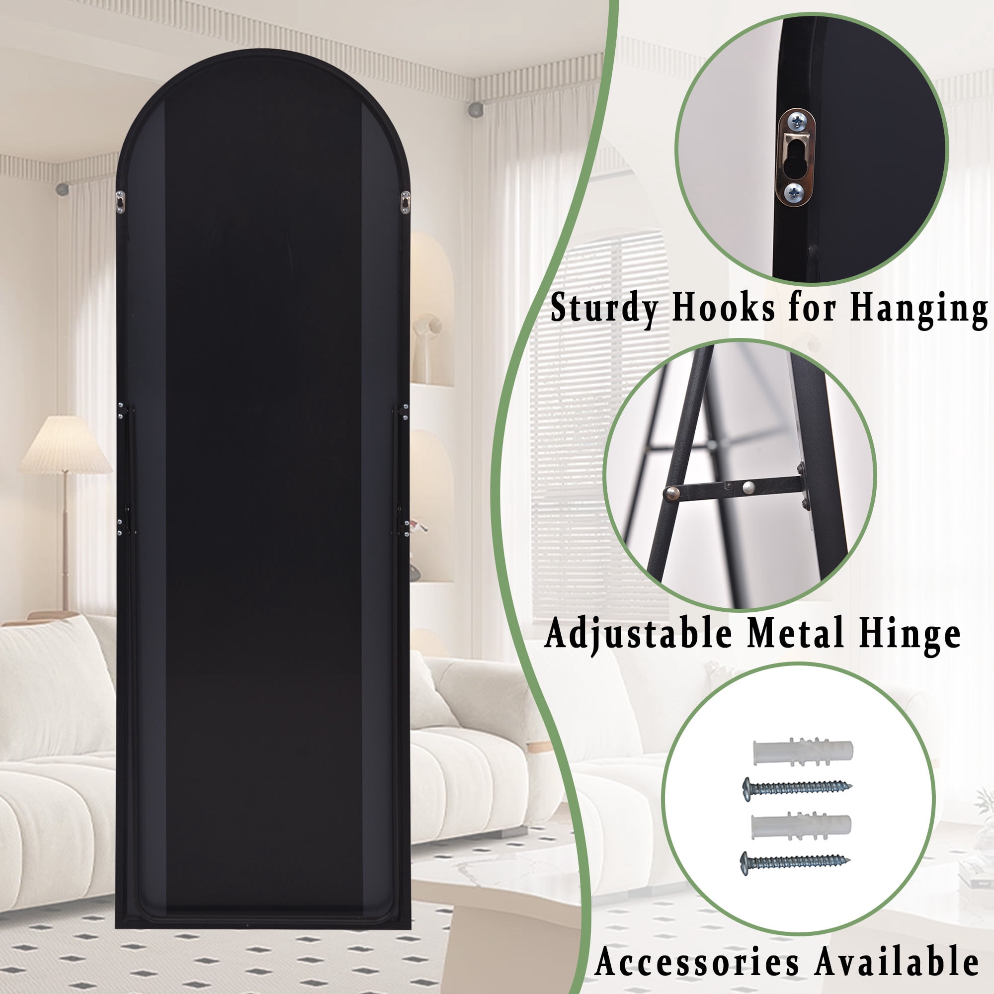 SEETHRUGLIMMER 68"x22.2" Arched Full Length Mirror Wall-Mounted Floor Mirror with Stand, Black