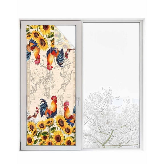 Window Privacy Film Chicken Sunflowers Stained Glass Window Film Decorative Sun Block Window Cover Farmhouse Vintage Map Floral Animals Window Clings Static Adhesive Sticker for Bathroom 23.6"x59"