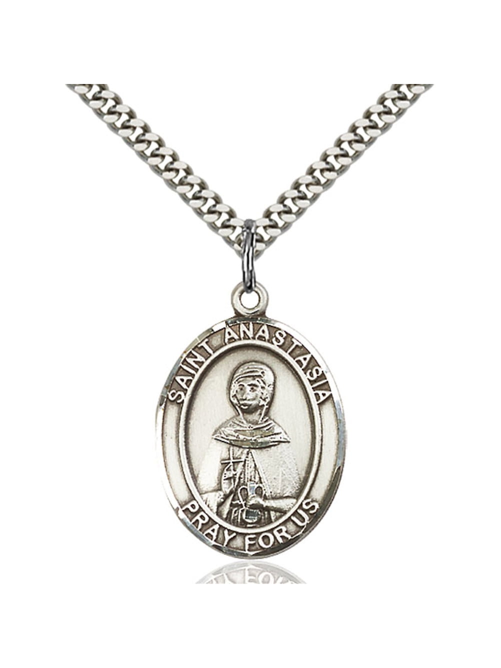 Bonyak Jewelry 18 Inch Rhodium Plated Necklace w/ 4mm Green May Birth Month Stone Beads and Saint Anastasia Charm