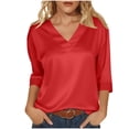 thumbnail image 5 of 3/4 Length Sleeve Womens Tops Spring Summer Relaxed Fit Satin V Neck Plain T Shirts Dressy Casual Work Shirt Blouse, 5 of 8