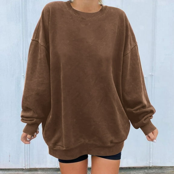 Yteetum Brown Pullover Sweatshirts for Women Long Sleeve Round Neck Hoodless Sweatshirt Ladies Comfortable Casual Crew Neck Sweatshirt Tops