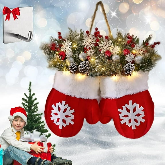Twinkling Christmas Mitten Wreath -Twinkling Christmas Mitten Wreath with 120 LED Lights & 10H Auto Timer (1PCS)