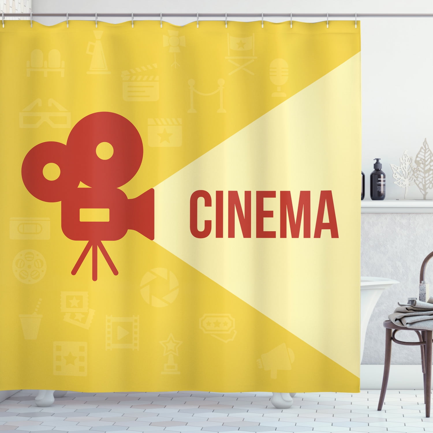 Movie Theater Shower Curtain, Projector Silhouette with Cinema Quote