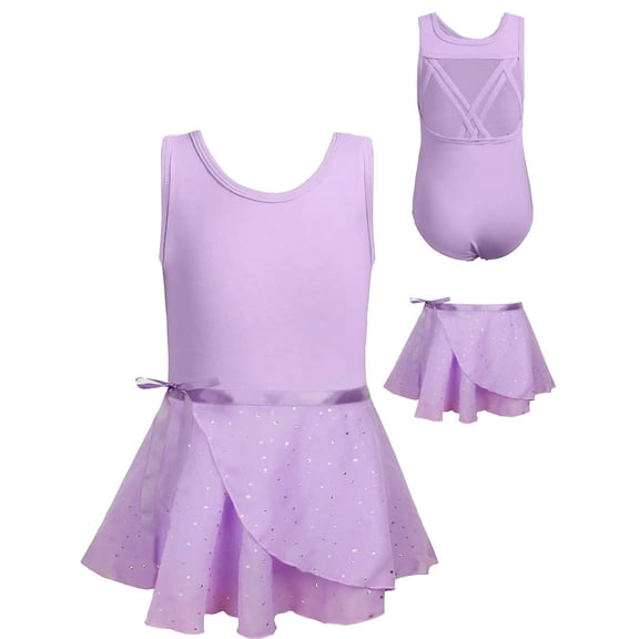 WIBACKER 3-10Y Kid Girls Sparkly Dance Leotard with Skirt Hi-Low Shiny Ballet Dance Dresses Gymnastics Suit