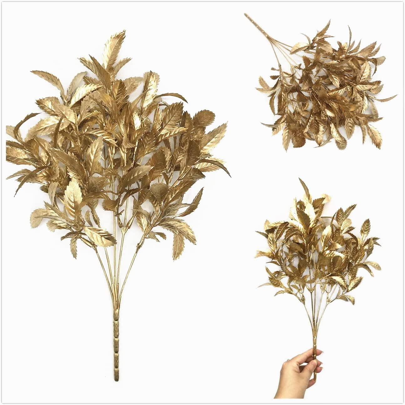 Morttic Artificial Golden Baby Breath Flowers, Plastic Fake Gypsophila Flower for Indoor Outdoor Christmas Wedding Home Party Table Arrangement Decoration DIY Planter Filler Gold Leaves Decor - 3 Pack