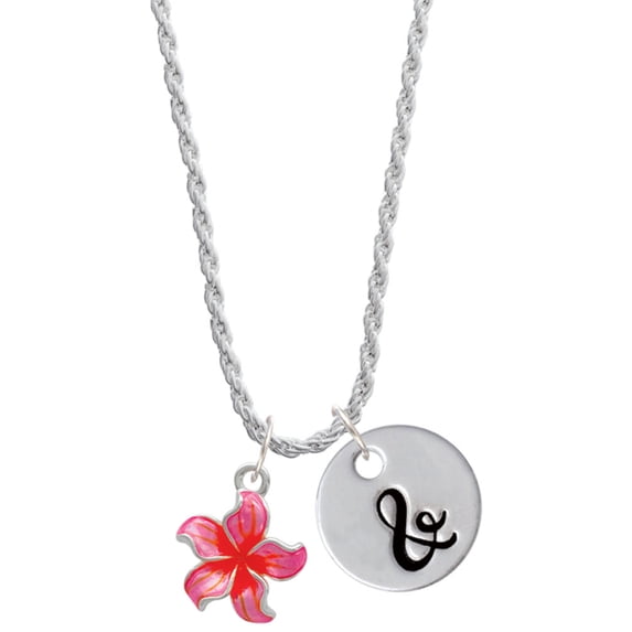 Delight Jewelry Silvertone Hot Pink and Orange Plumeria Flower Silvertone Script Initial Disc - & - Charm Necklace, 20"+3"